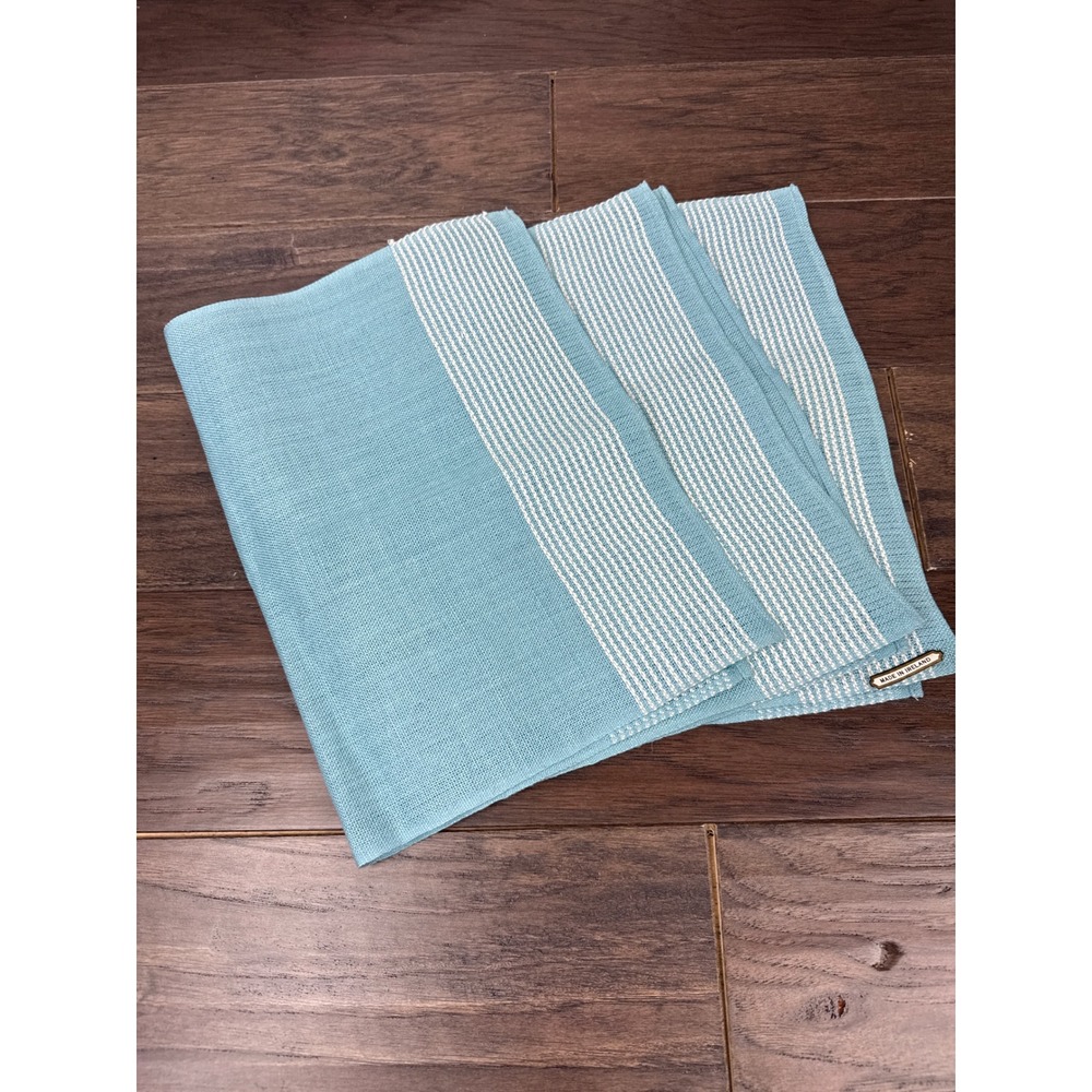 Set of 3 Blue and White Striped Woven Placemats / Napkins Irish Linen